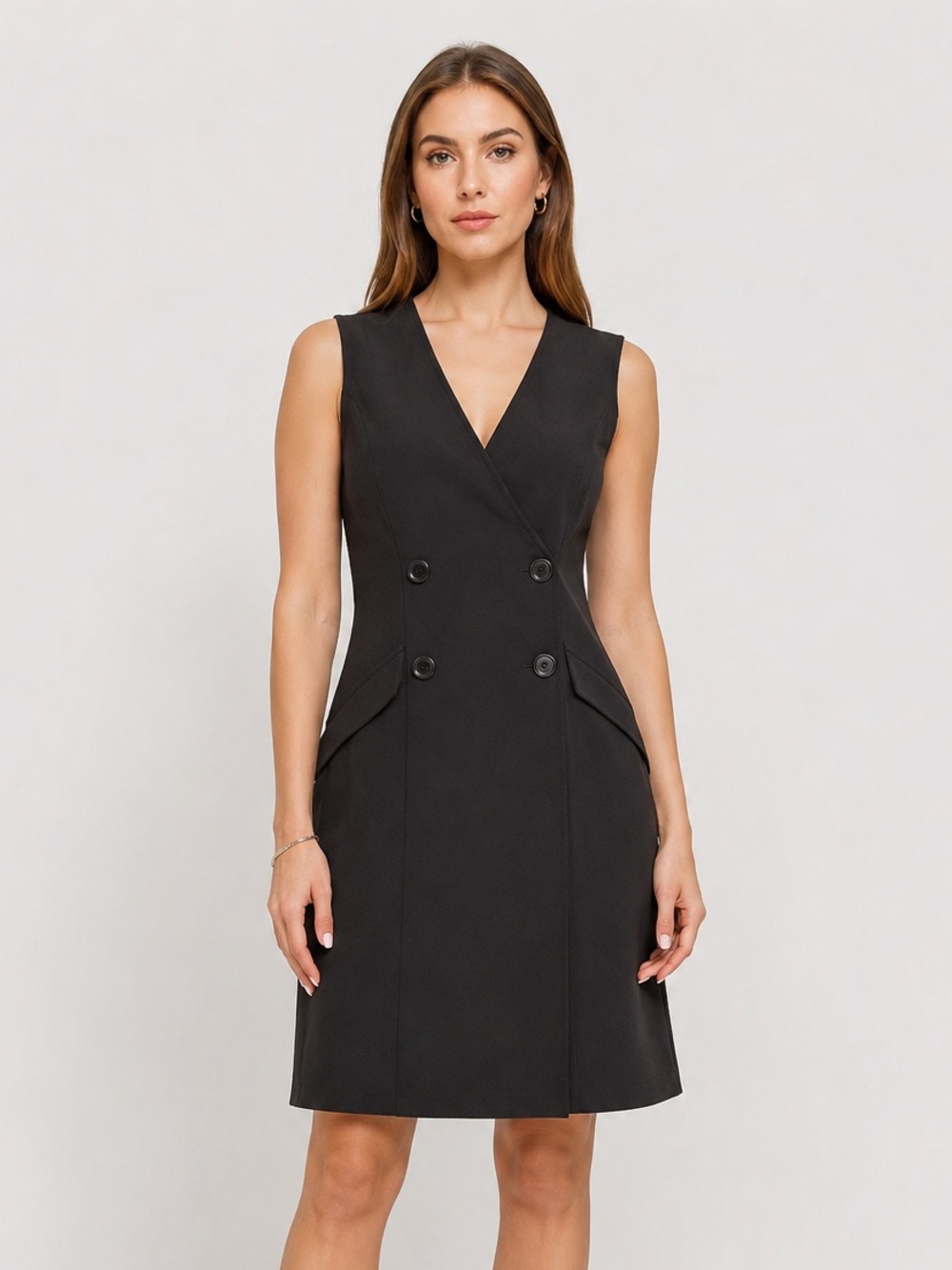 NWT MAX STUDIO Sleeveless Double Breasted Twill Dress Black Size Large